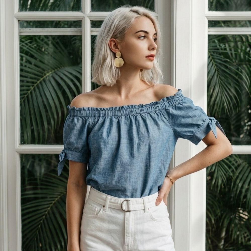 👗 J.Crew Chambray Off-Shoulder Top |‎ Size 12